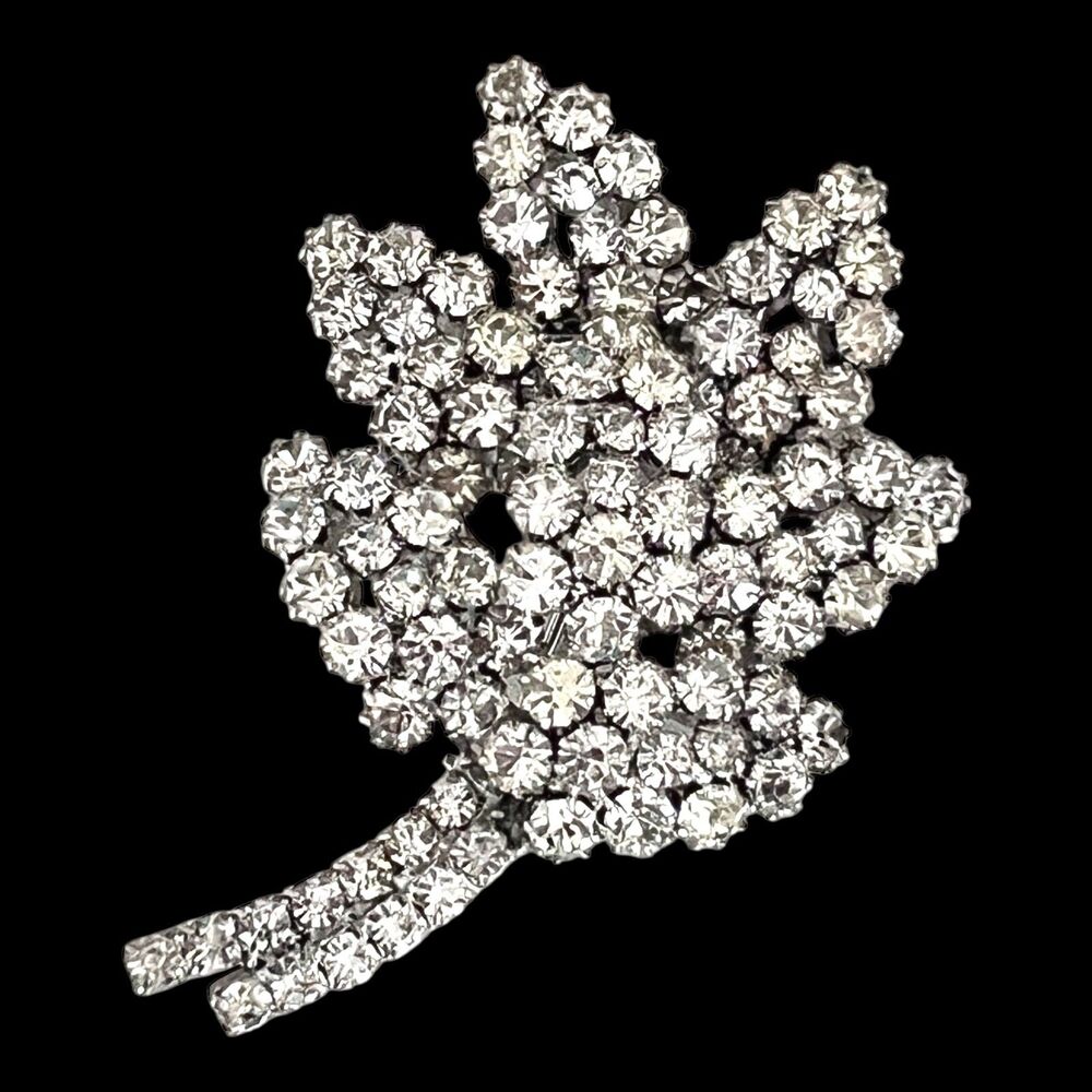 Vintage 1950s Rhinestone Leaf Brooch Crystal Silver Tone Statement Pin - 6D